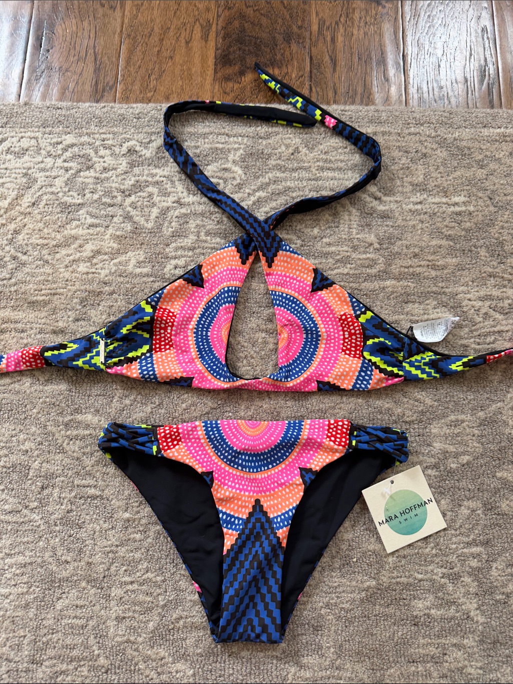 Mara Hoffman Neon Pink & Blue Halter One-Piece